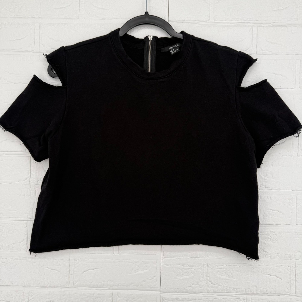 Forever 21 Cold Shoulder Sweatshirt Women Large Black Raw Hem Cut Out Zip Back